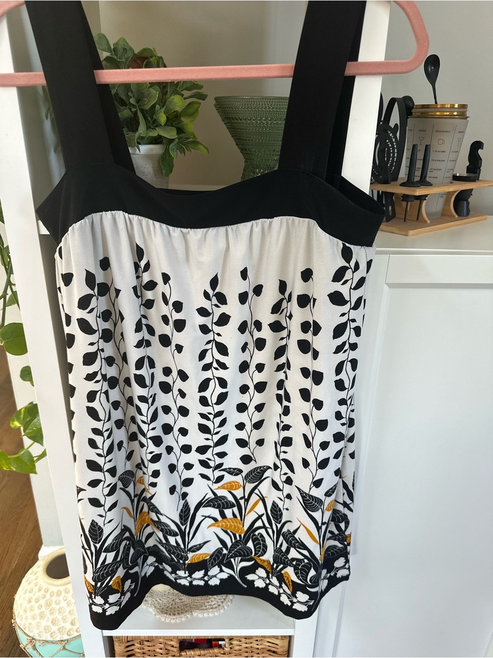 Strapless Black and White Floral Dress with Mustard Hem Accent